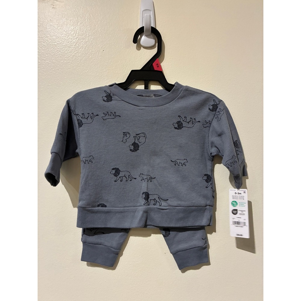 NWT Child of Mine by Carters Baby 0-3M Blue Gray Waffle Knit Lion 2-Piece Set